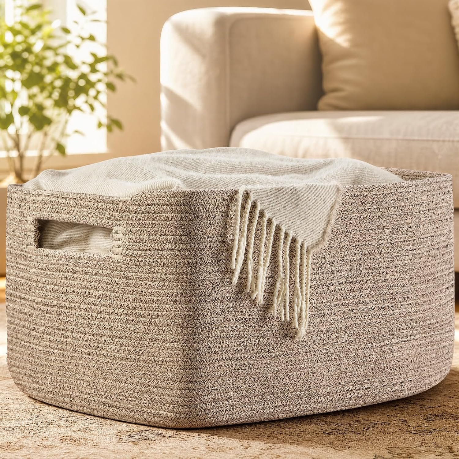Large Woven Basket For Blankets And Laundry (Brown Cotton Rope)